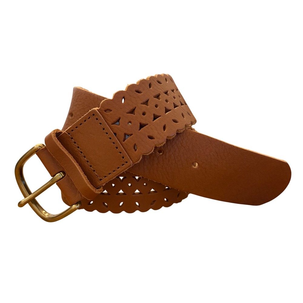J Crew Scalloped Laser Cut Leather Belt Womens S Boho Cognac Brown Brass Buckle